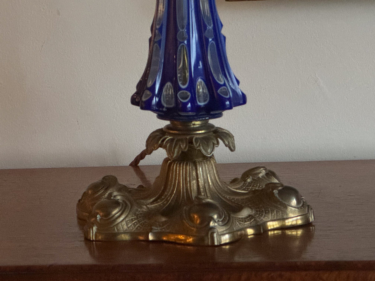A Mid 19th Century Blue Glass and Brass Lamp
