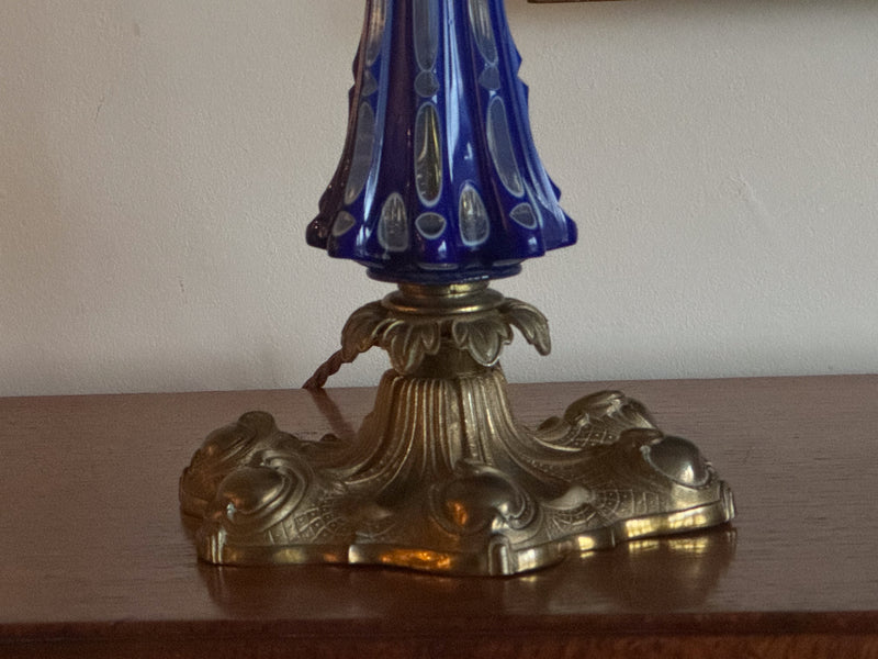 A Mid 19th Century Blue Glass and Brass Lamp
