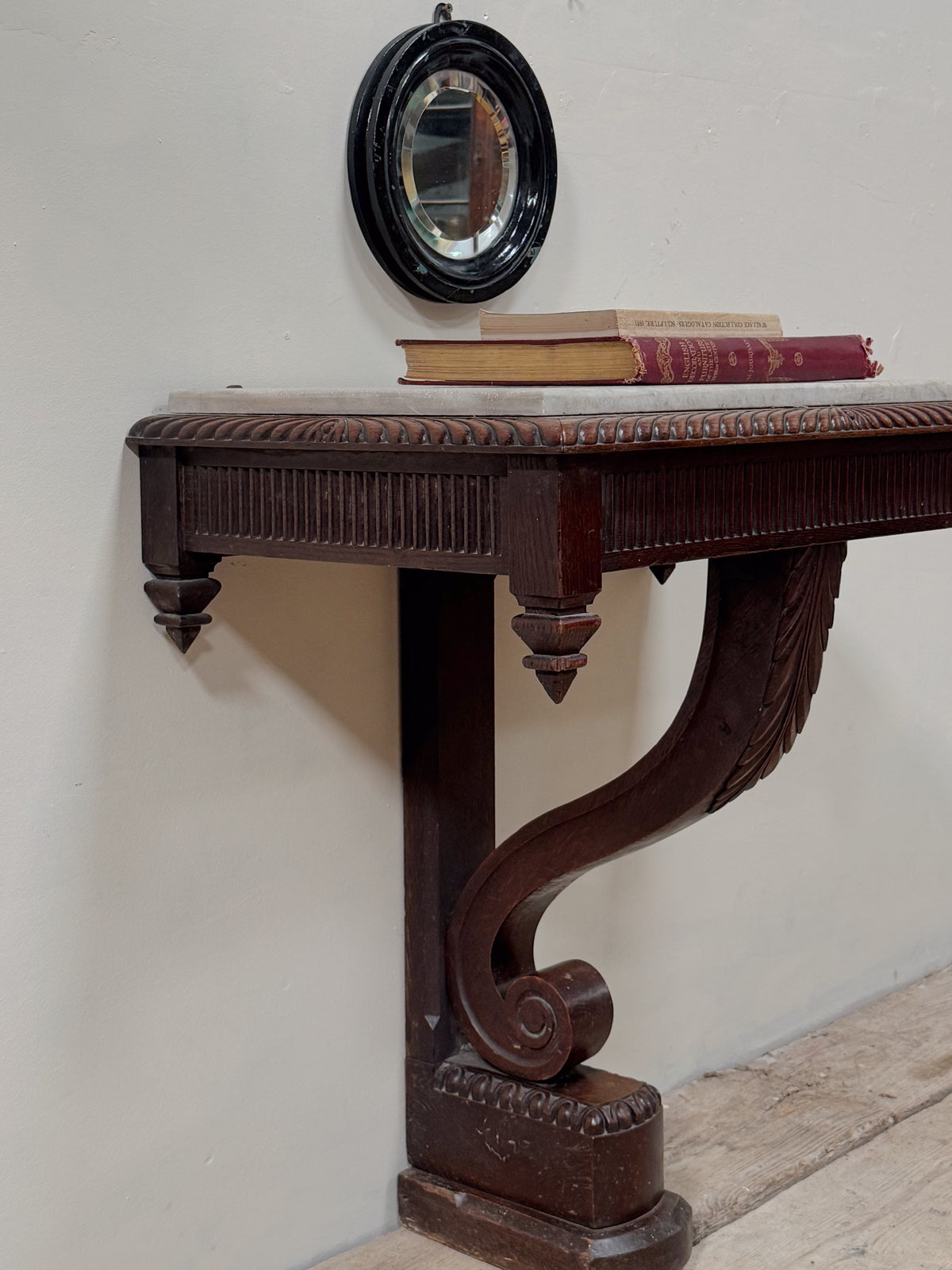 An Early 19th Century Oak Scroll Bracket Console with Marble Top
