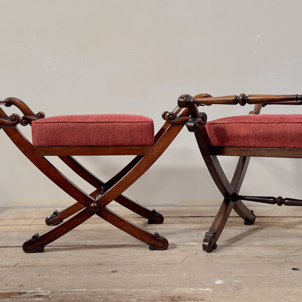 A Pair of Regency Oak X Frame Stools