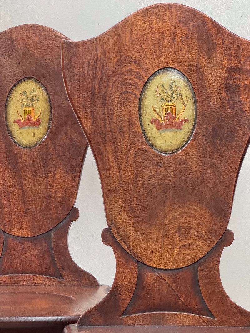 A Pair of George III Mahogany Sgabello Hall Chairs