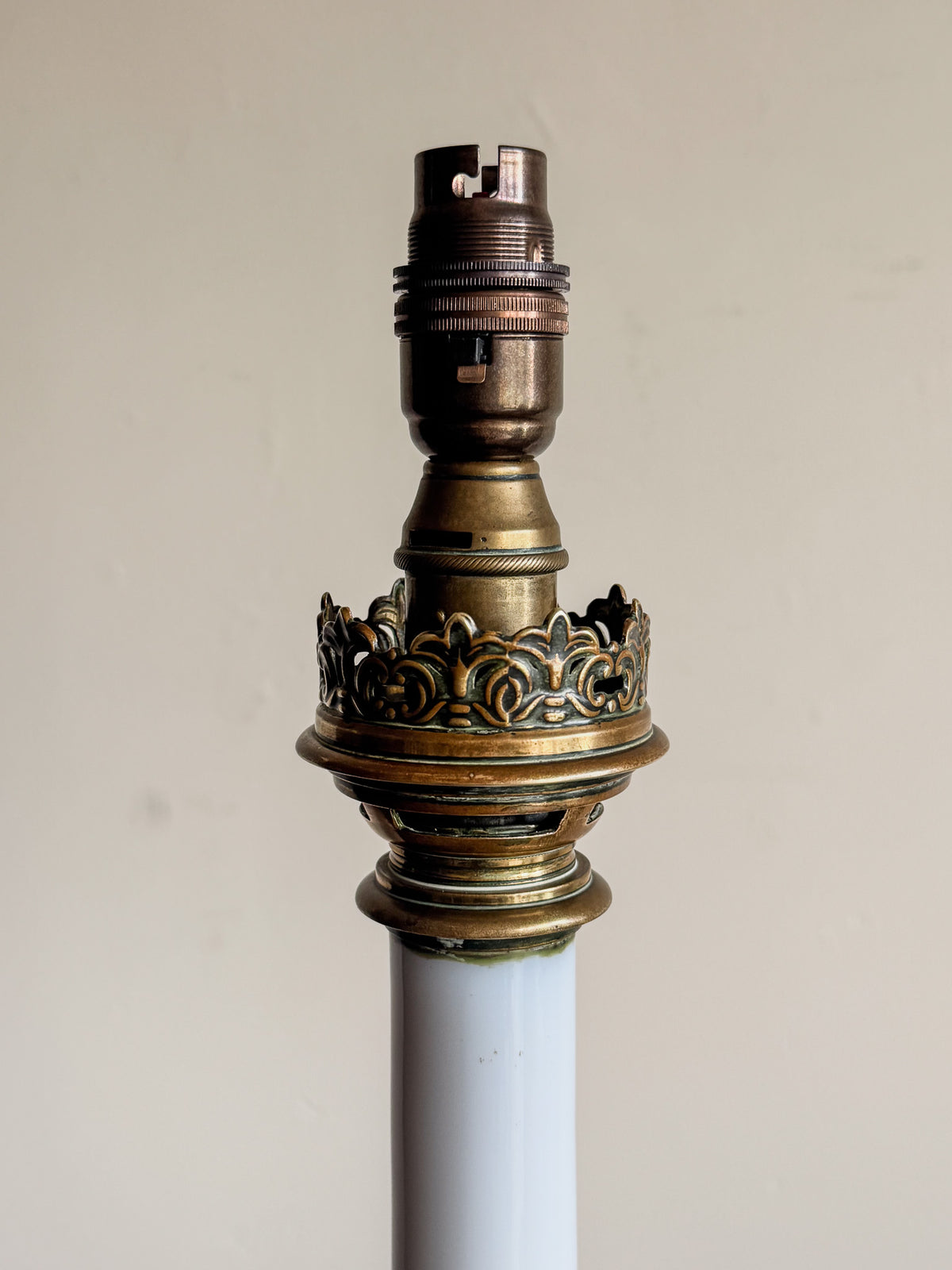 A Late 19th Century Opaline Glass and Brass Lamp