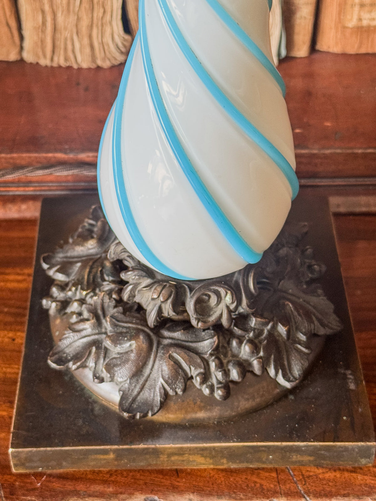 A Late 19th Century Opaline Glass and Bronze Lamp